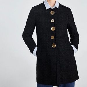 Zara Black Tweed Coat with Textured Metallic Gold Large Flat Buttons